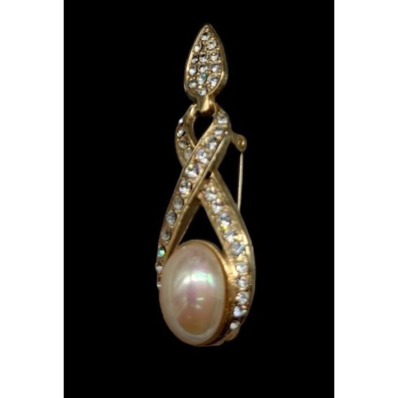 Designer High End Brooch Irridescent Glossy Faux Mabe Pearl Rhinestones Vintage - Picture 8 of 9